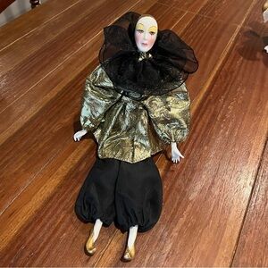 Vintage 1980s Doll Crafter Silvestri Porcelain Jester Doll Gold & Black